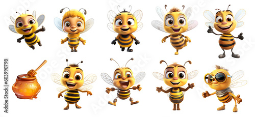 set of cute bee, honey bees with transparent background, Sticker, generated ai