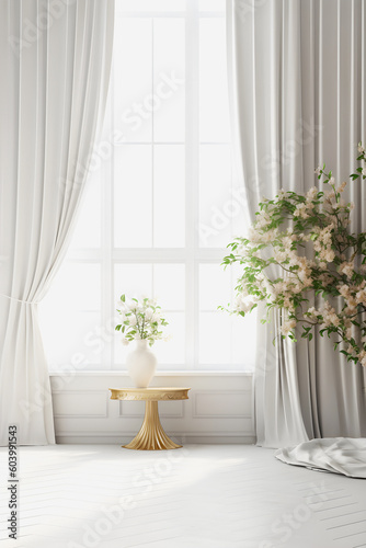 Enchanting Atmosphere  Golden Ratio Composition of a Beautiful White Room with Elegant Curtains and Dreamy Ambiance