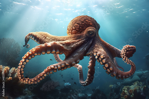 image of a giant octopus swimming under the sea. underwater animals. illustration, generative AI. photo