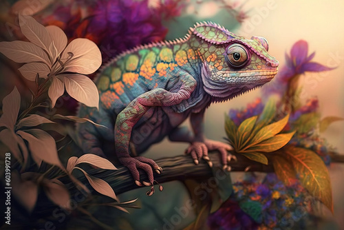 Image of brightly colored chameleons with colorful tropical flowers. Reptile. illustration. Generative AI.