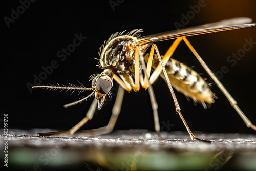 Close up macro biting mosquito portrait with dark background. Mosquitoes suck the blood of animals and people skin. Insect bites and leishmaniasis prevention campaign concept. Generative AI. photo