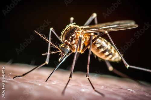 Close up macro biting mosquito portrait with dark background. Mosquitoes suck the blood of animals and people skin. Insect bites and leishmaniasis prevention campaign concept. Generative AI.