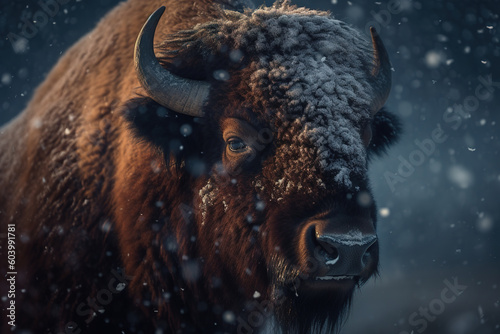 Image of bison standing in a forest with snow on natural background. Wild Animals. illustration. Generative AI.