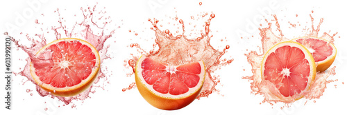 grapefruit with dynamic grapefruit juice splash variations on transparent background
