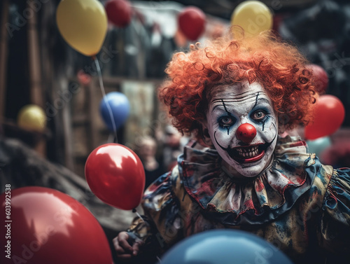 Hcary psychotic clown at children birthday party, scary, horror, ai generative