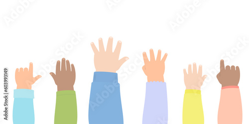 Hands of diverse kids with colorful sleeves raising and showing back of the hands in flat design vector