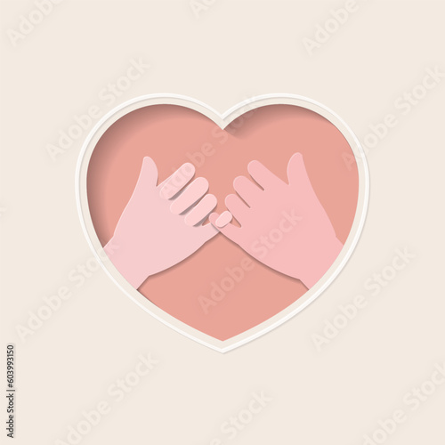 Two hands  of lovers making a pinky promise in pink heart shaped frame paper cutting art vector
