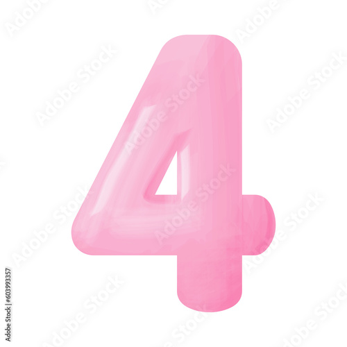 Pink voluminous number figure four with watercolor effect 