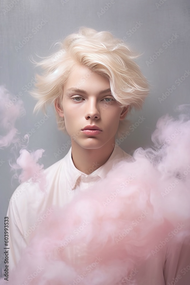 Beautiful blonde man standing in a huge white cloud of smoke. Sensual female beauty model with amazing pale skin. Generated AI.