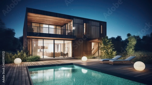 Modern minimalist two-story villa with huge panoramic windows and a pool in the foreground at dusk. Modern comfortable living environment. Generative AI