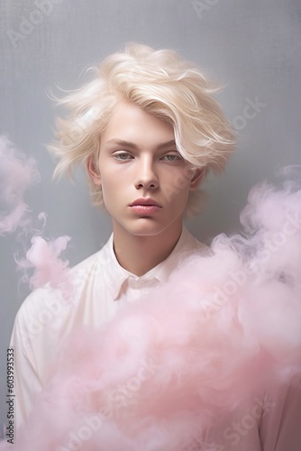 Beautiful blonde man standing in a huge white cloud of smoke. Sensual female beauty model with amazing pale skin. Generated AI.