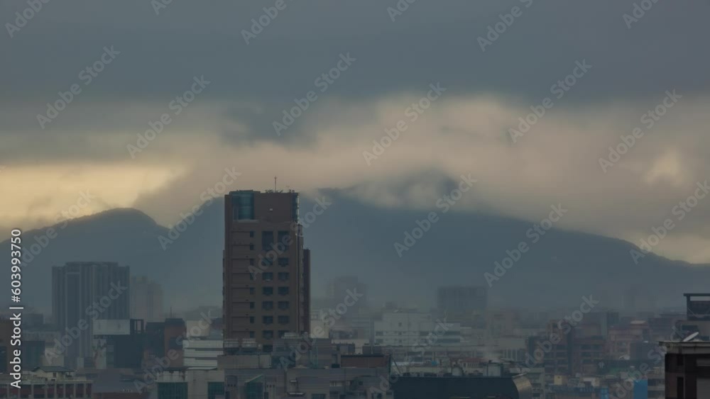 TAIWAN, TAIPEI - MAY, 2023: Timelapse downtown street view footage of Taipei city centre. Business and residential buildings in central district. TAIWAN, TAIPEI - MAY, 2023: Timelapse downtown street view footage of Taipei city centre. Business and residential buildings in central district.
