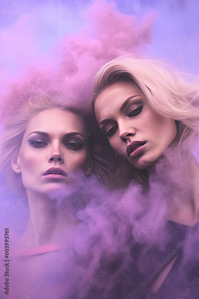 Two beautiful dangerous woman standing in a huge purple violet cloud of smoke. Generated AI.
