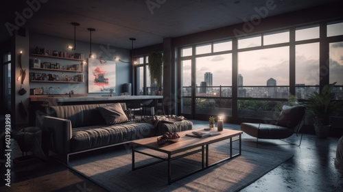 Elite apartment in a modern house with panoramic windows and a city view. Leather sofa and armchair, coffee table, wooden floor, paintings on the walls. Luxurious accommodation. Generative AI © Georgii
