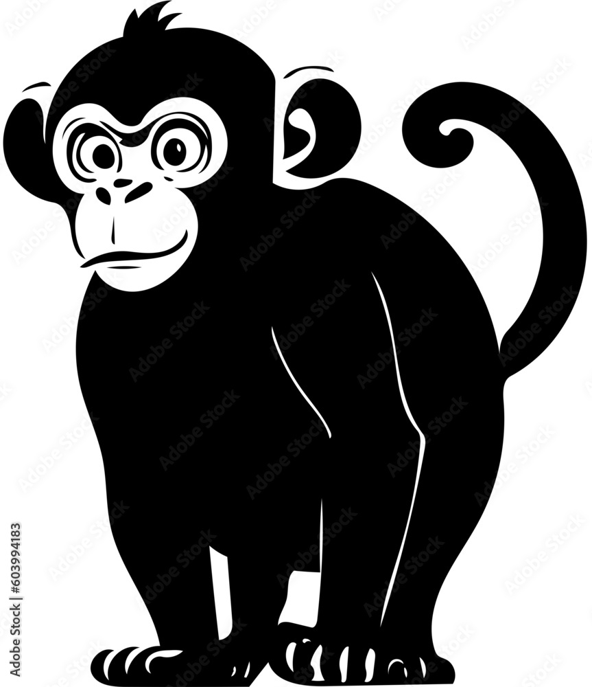 A black and white wild chimpanzee walking vector illustration | Silhouette of a monkey standing 