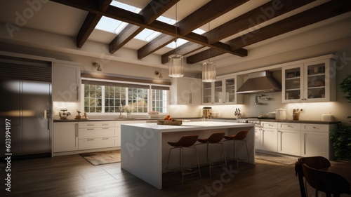Spacious modern American style white kitchen in a country house with a kitchen island and bar stools. Comfortable space, modern kitchen appliances. Generative AI