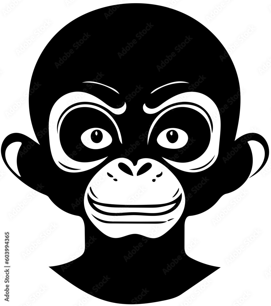 Black and white monkey head vector illustration | Silhouette of a black chimpanzee svg Black and white monkey head vector illustration | Silhouette of a black chimpanzee svg