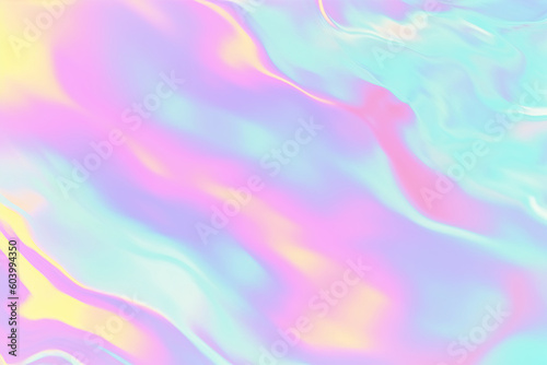 Abstract trendy holographic blue foil background - holo foil . Wavy texture in pastel violet, blue and yellow.	
