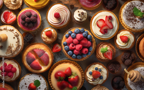A mix of delicious Pastry deserts, top down view, Food Photography & Pastry