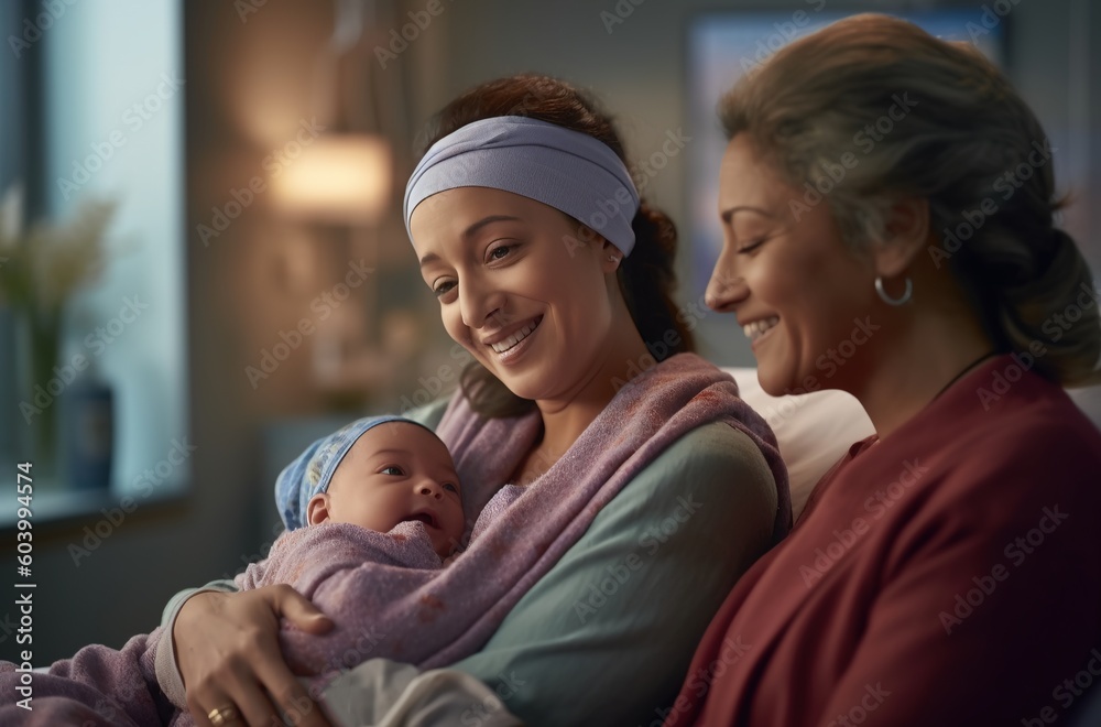 Mother with daughter and newborn baby in her arms. Generative AI. Mother with daughter and newborn baby in her arms. Generative AI.