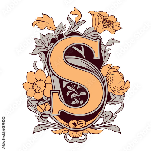 Letter S Floral monogram. Vintage ornament initial Alphabet spiral style.