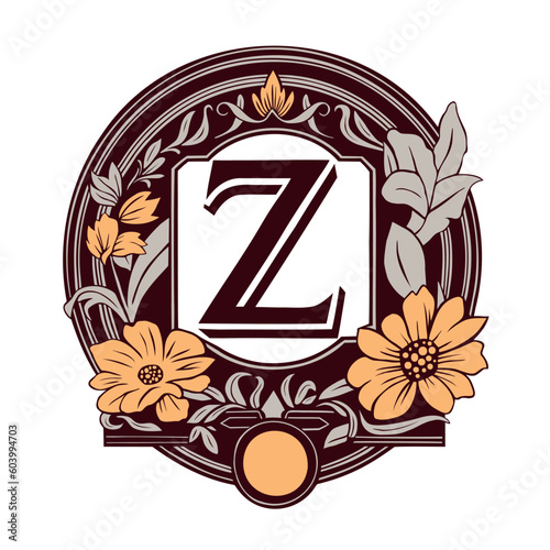 letter Z Floral monogram. Vintage ornament initial Alphabet spiral style.