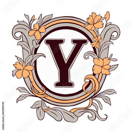Letter Y Floral monogram. Vintage ornament initial Alphabet spiral style.