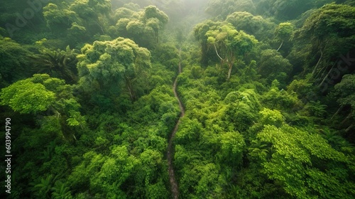 World Environment Day. Aerial view of a vibrant green forest with a different tree species  showcasing the biodiversity and interconnectedness of ecosystems. Generative ai