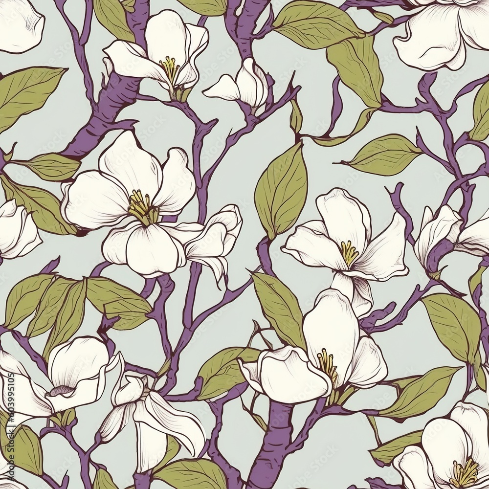 Fototapeta premium Blooming jasmine, illustration, pattern, seamless pictures. Generative AI.