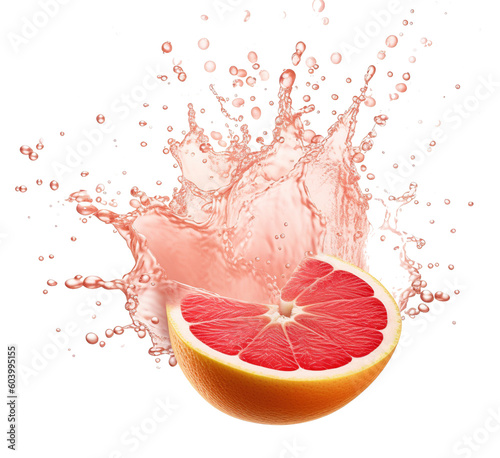 a grapefruit with a dynamic grapefruit juice splash explosion on transparent background