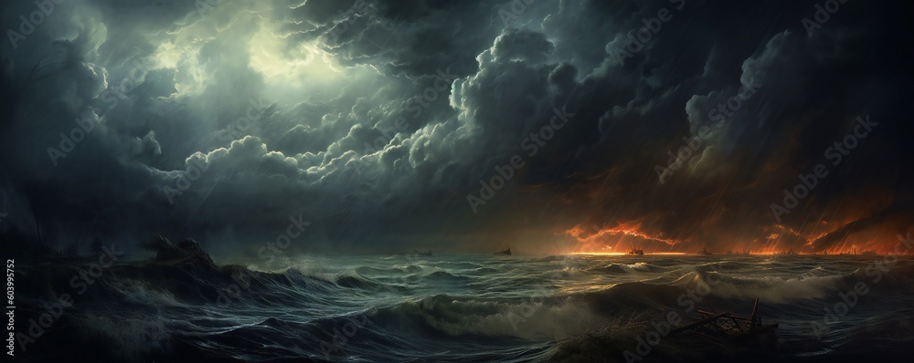 A dark storm background with sky, clouds and lightning Generative AI  - obrazy, fototapety, plakaty 