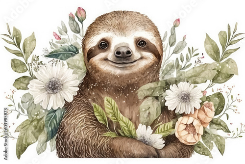 happy cute funny smiling sloth art illustration watercolor painting with flowers and floral elements for children wall art poster t-shirt sticker design. generative ai