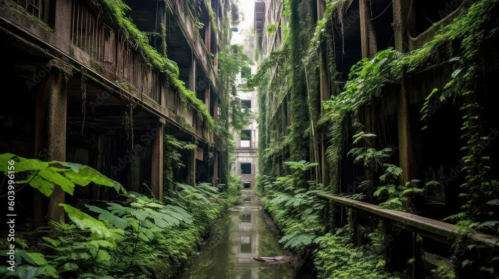 Abandoned city that has long been reclaimed by nature