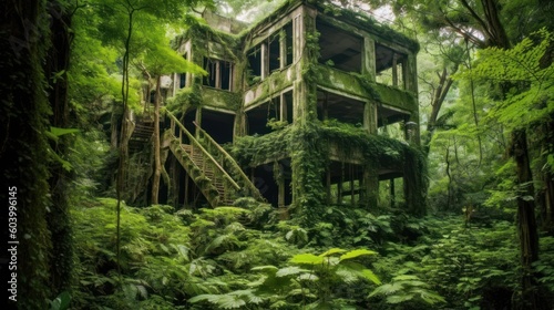 Abandoned city that has long been reclaimed by nature