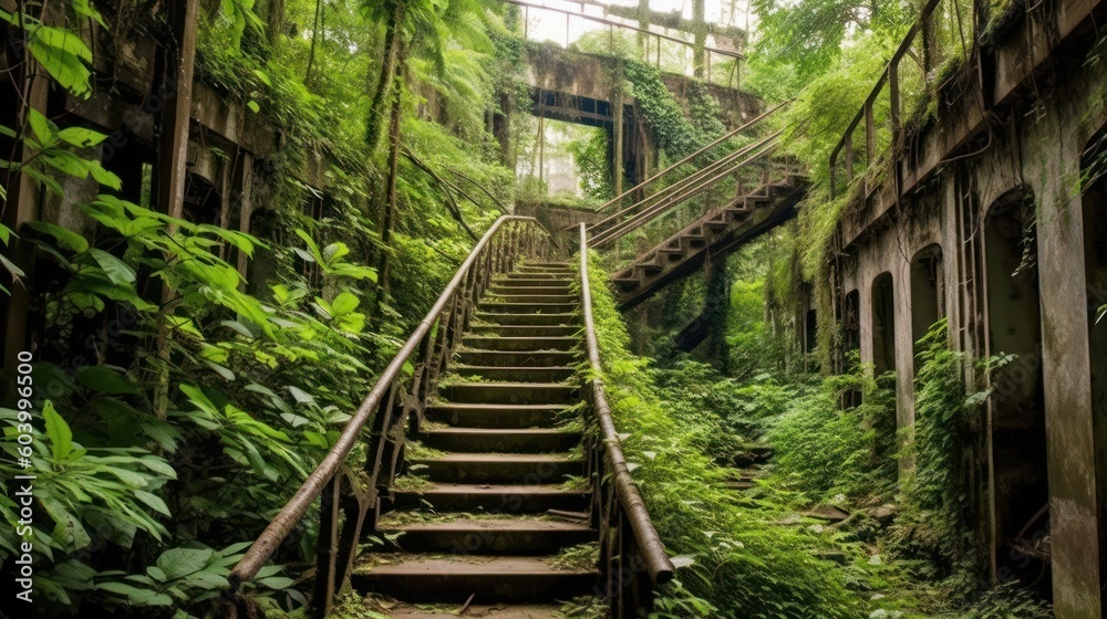Abandoned city that has long been reclaimed by nature Abandoned city that has long been reclaimed by nature