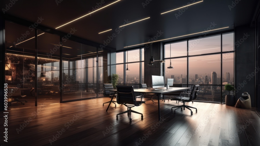Comfortable and refined office space in a modern building. Dark muted tones, a wooden desktop with a desktop computer, expensive elite finishing materials, huge panoramic windows. Modern Generative AI