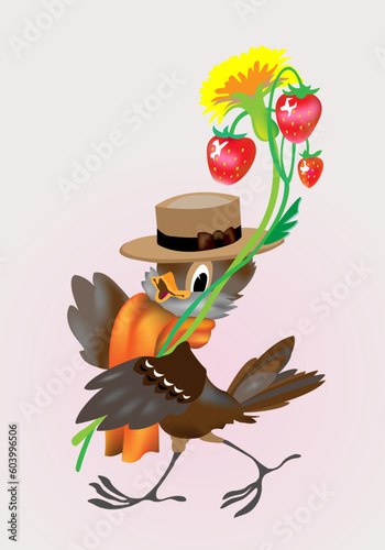 Sparrow in a hat, with strawberries