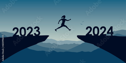 woman jumping over a cliff from 2023 to 2024 happy new year