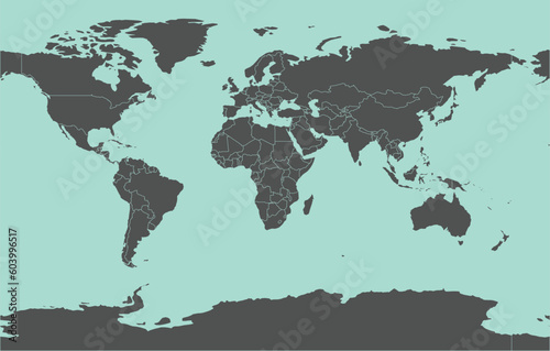 High quality flat vector World Map in grey & green/blueish colors. Isolated editable illustration in detail with national borders of the countries.