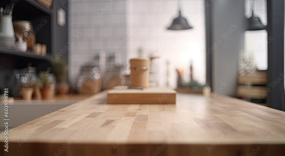 Empty Wooden Countertop and Shelf in Kitchen Background. Generative AI illustrations.