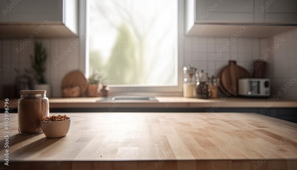 Empty Wooden Countertop and Shelf in Kitchen Background. Generative AI illustrations. Empty Wooden Countertop and Shelf in Kitchen Background. Generative AI illustrations.