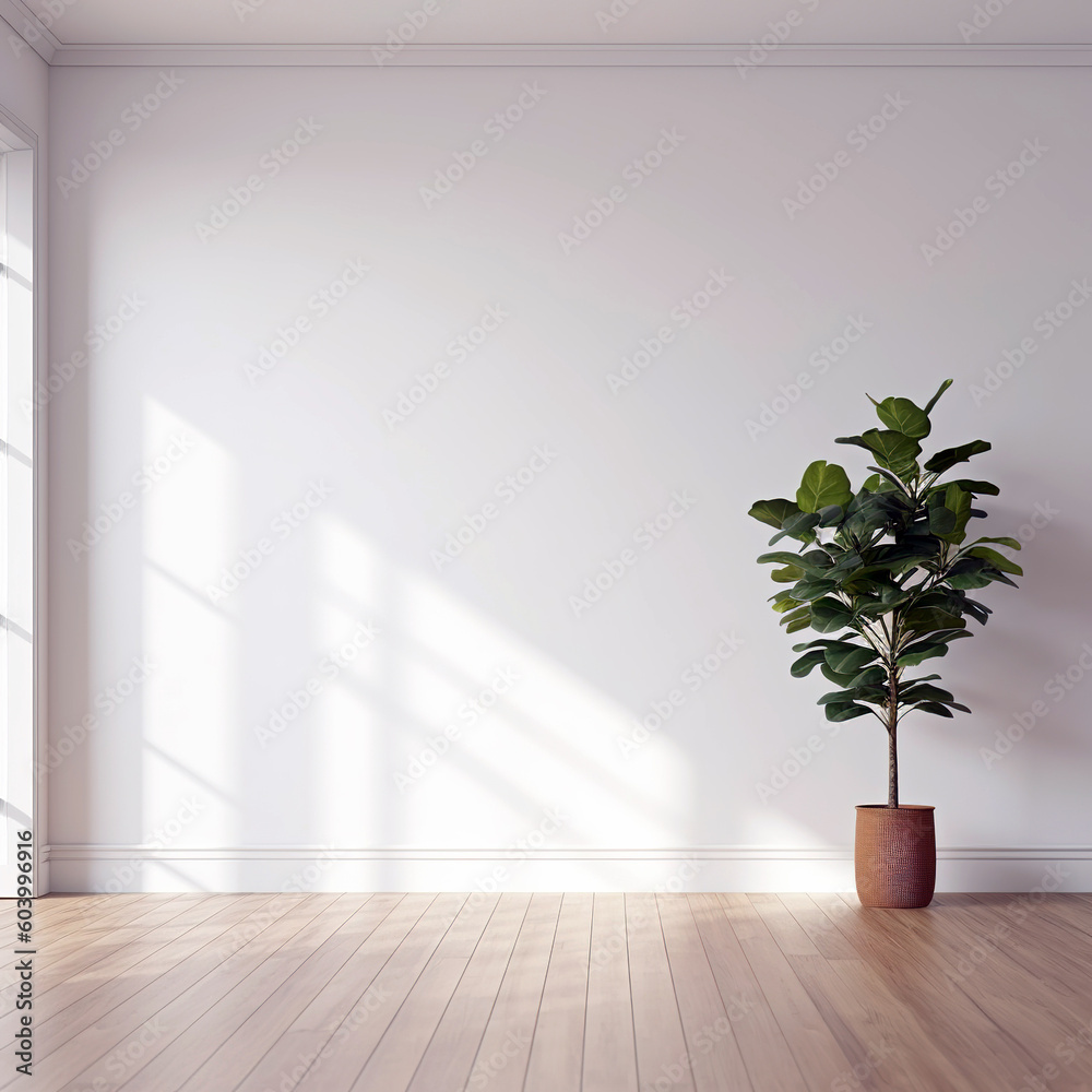 White wall mockup, plant and wood floor White wall mockup, plant and wood floor