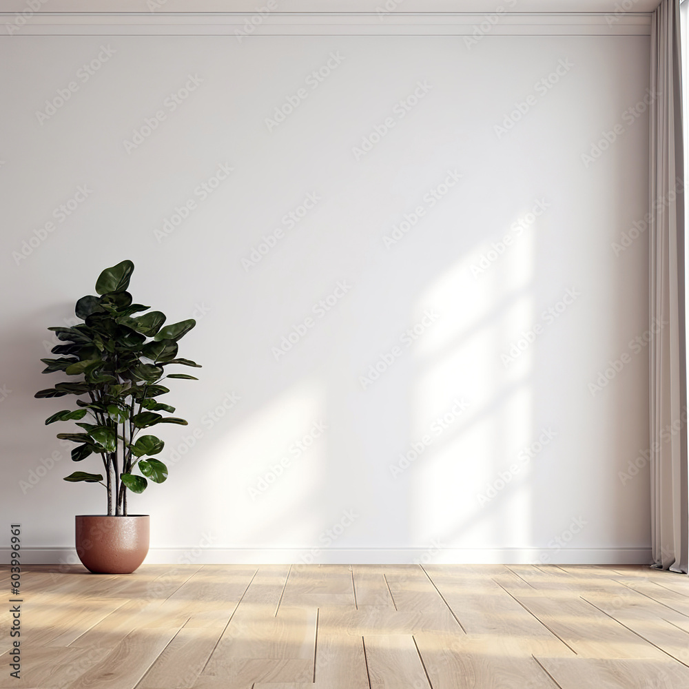 Fototapeta premium White wall mockup, plant and wood floor