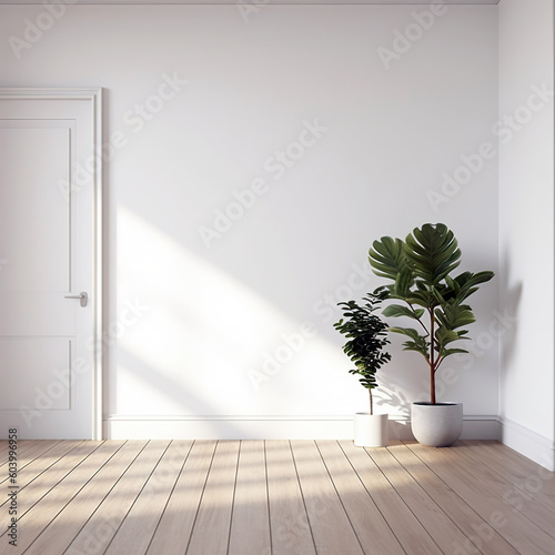 White wall mockup  plant and wood floor