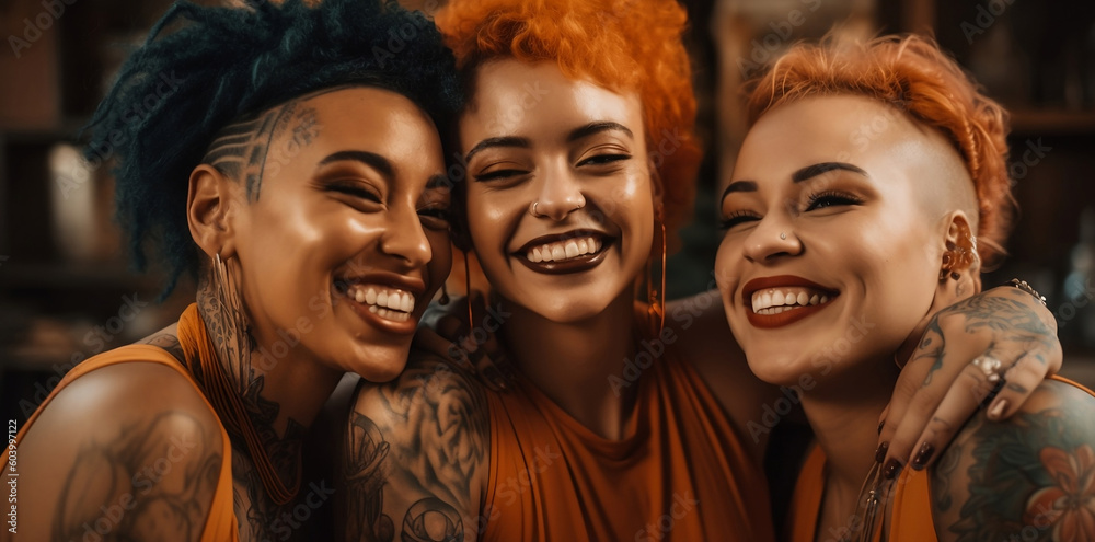Three Latino attractive women with tattoo on body are smiling up at the camera, generative ai