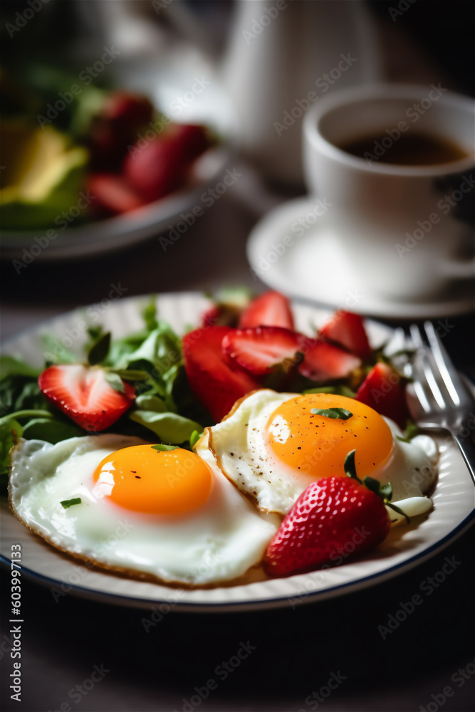 close up of a paleo breakfast plate with fried eggs and fresh berries, ai generated close up of a paleo breakfast plate with fried eggs and fresh berries, ai generated