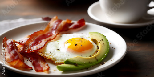 close up of fried eggs with bacon and avocado on white palate, ai generated
