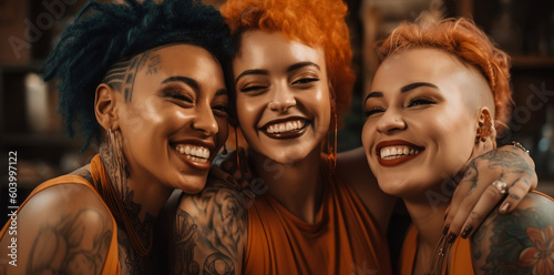 Three Latino attractive women with tattoo on body are smiling up at the camera, generative ai © 1by1step