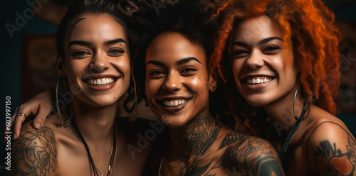 Three Latino attractive women with tattoo on body are smiling up at the camera, generative ai