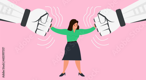 businesswoman between two pushing robotic fists confrontation fighting against robots  vefctor illustration